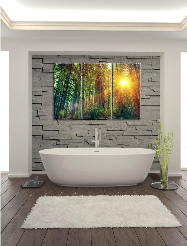Pixxprint Wald bei Sonnenlicht / 3-Teilig/Gesamtmass 120cm Leinwandbild bespannt auf Holzrahmen/Wand