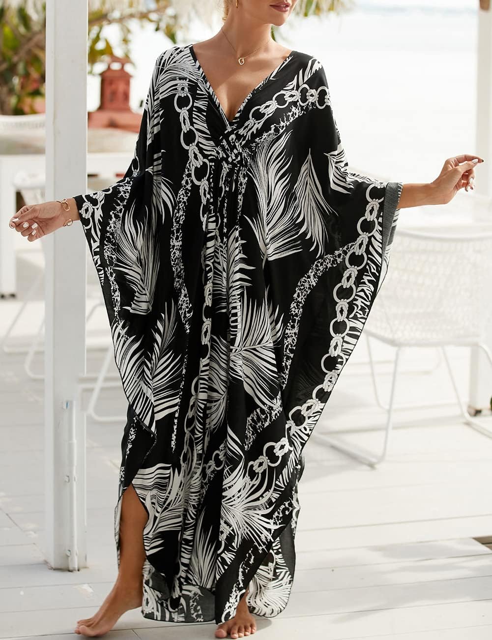 Bsubseach Damen's Print Türkisch Kaftan Beachwear Bikini Cover Up Maxikleid D-schwarzes Laub, D-schw