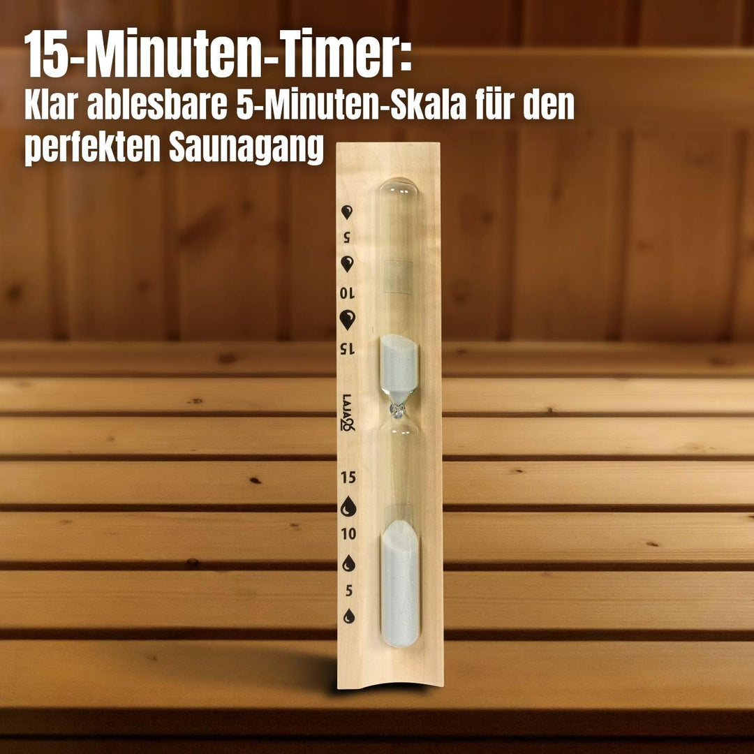 LaJa26 Sauna Sanduhr "Konvex" weisser Sand - FSC Espenholz - Drehgestell aus Holz zur Montage an der