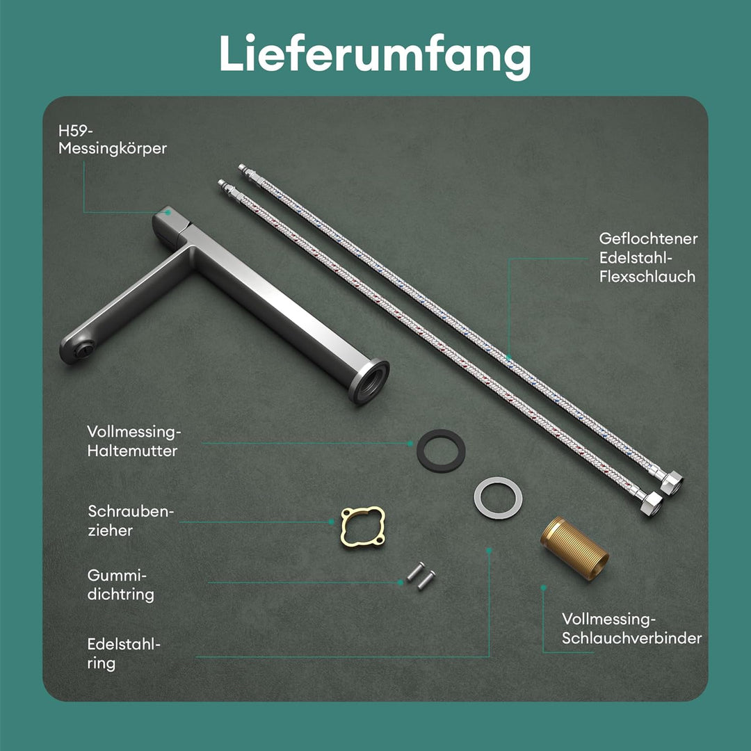 Mai &amp; Mai Wasserhahn Bad 31,3cm hoch, Waschtischarmatur Grau | Einhebelmischer Mischbatterie Bad Arm
