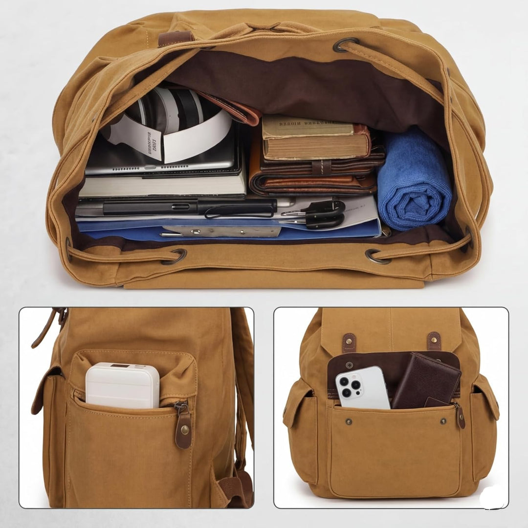 DremFreo Rucksack Canvas Vintage mit Leder Zubehör Daypack Passend für 14 Zoll Laptop Khaki, Khaki