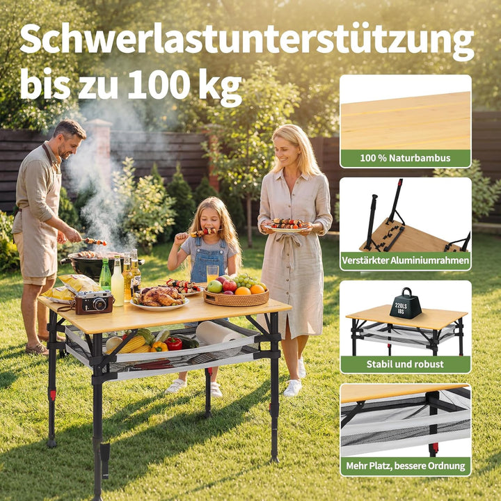 Join Nature Campingtisch Klappbar Bambus Stufenlos Höhenverstellbar 47–65cm Aluminiumgestell mit Tra