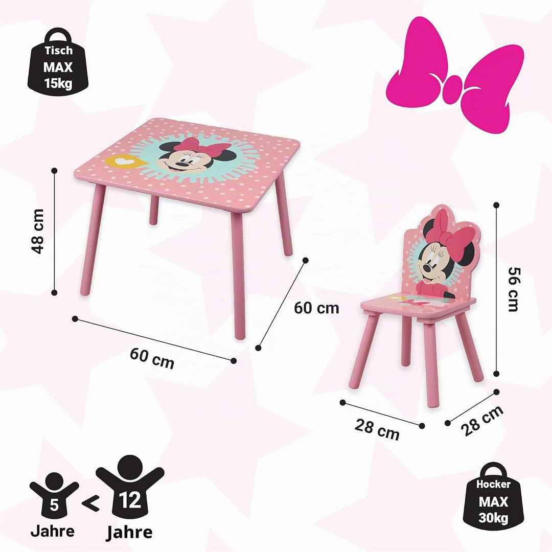 Disney Minnie Maus Tisch- und Stuhl-Set für 2 Personen, hält bis zu 30 kg pro Hocker, perfekt zum Sp