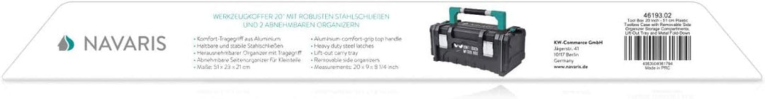 Navaris Werkzeugkoffer 20" Box leer - 51x23x21cm - 2 Abnehmbare Organizer Boxen und Stahlschliessen