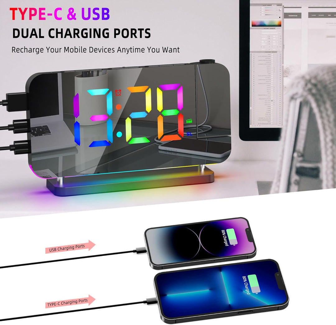 Lancoon Projektionswecker Bunter Wecker mit Radio Spiegelfläche mit 11 RGB Farbdisplay 10 Farben Nac