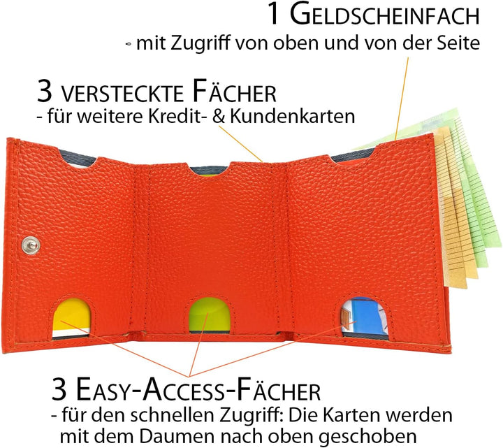 Mini Geldbeutel Damen, Reise Geldbörse, klein viele Fächer, Leder orange, RFID Blocker Münzfach gros