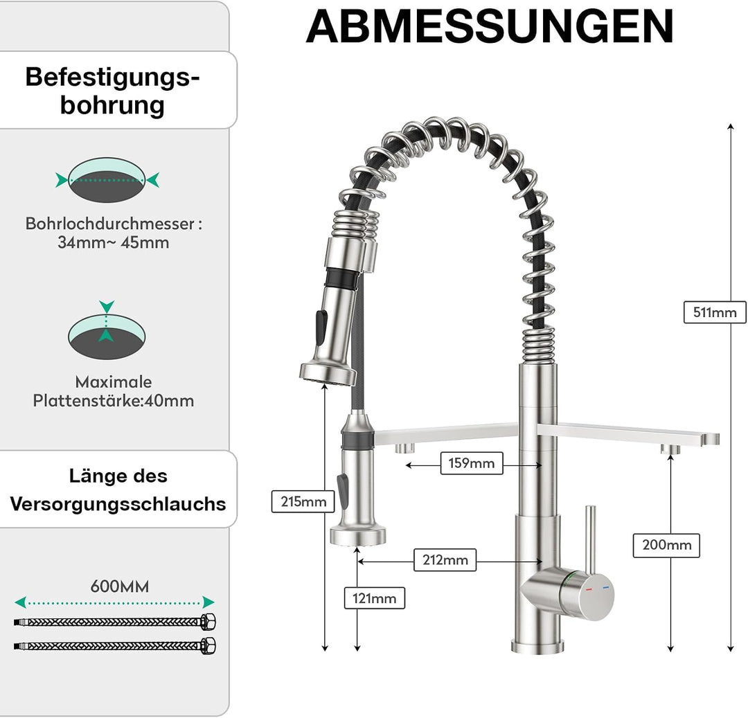CREA 3 Wege Spiralfeder Küchenarmatur, Trinkwasserhahn Küche mit Brause ausziehbar, Wasserhahn Armat