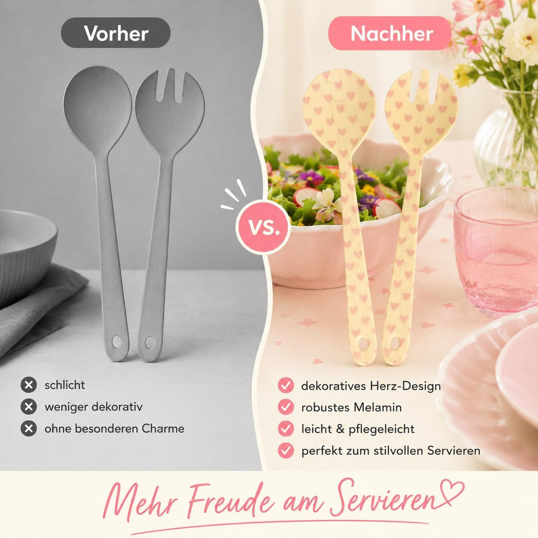RICE Salatbesteck Melamin 2-teilig, creme rosa Herzmotiv, 29 cm | Salatlöffel &amp; Salatgabel, BPA-frei