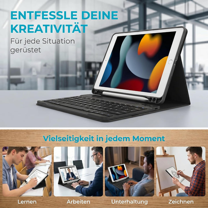 iPad 9 Generation Hülle mit Tastatur, Passend für die 8/7, Schwarz | QWERTZ, Beleuchtete, Magnetisch