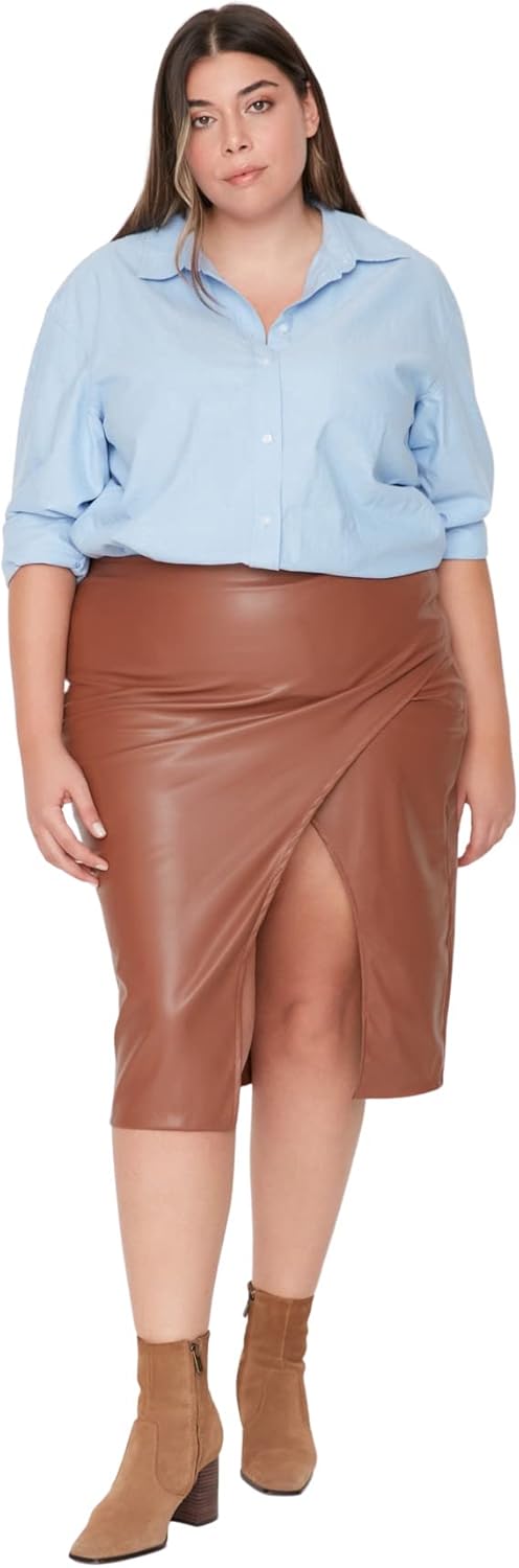 TRENDYOL Damen Midi Bleistiftrock Webstoff Grössen in Rock Skirt 52 Grosse Grössen Braun, 52 Grosse