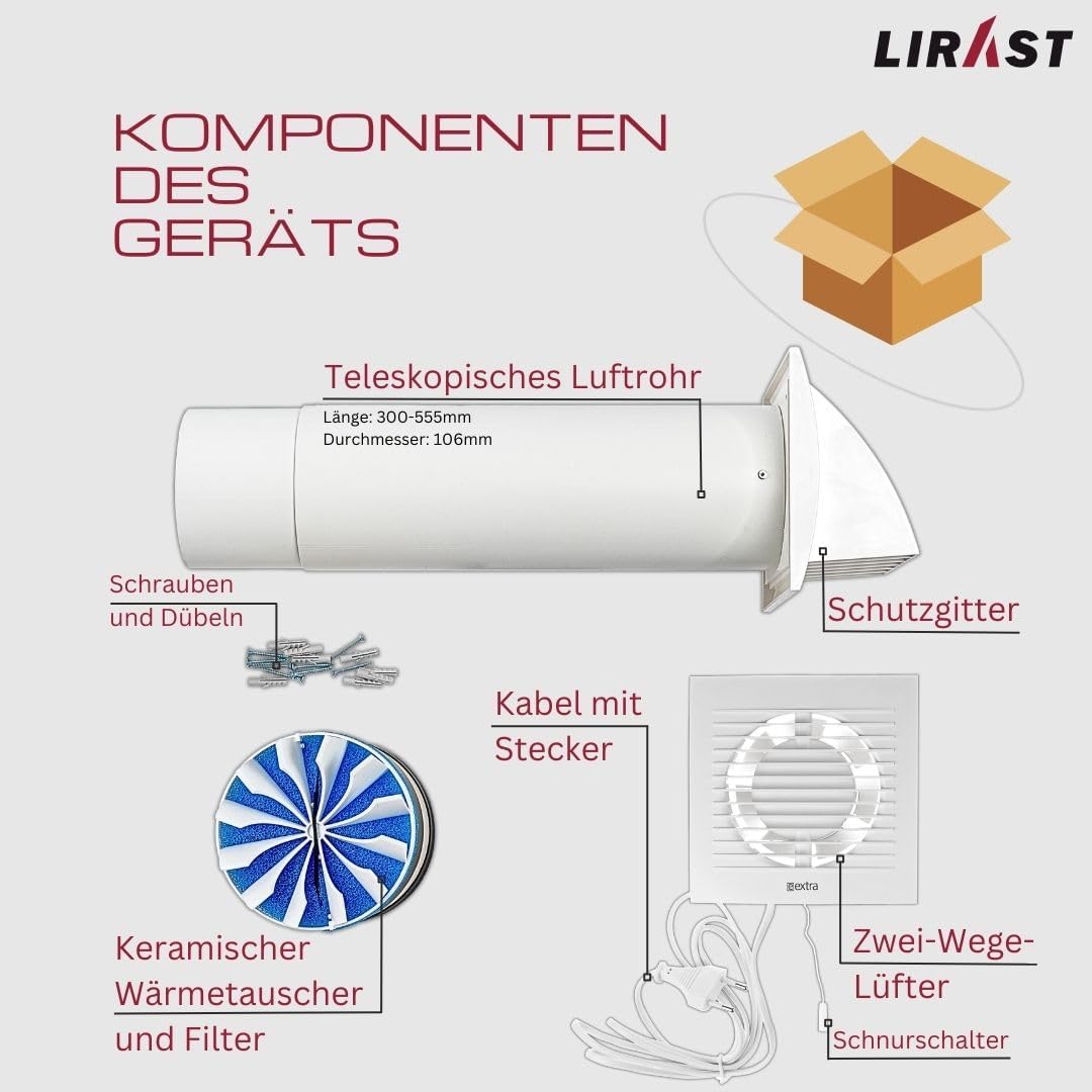 Ø 100mm Dezentrale Wohnraumlüftung mit Wärmerückgewinnung / Mit Kabel und Zugschnur Mit Kabel und Zu