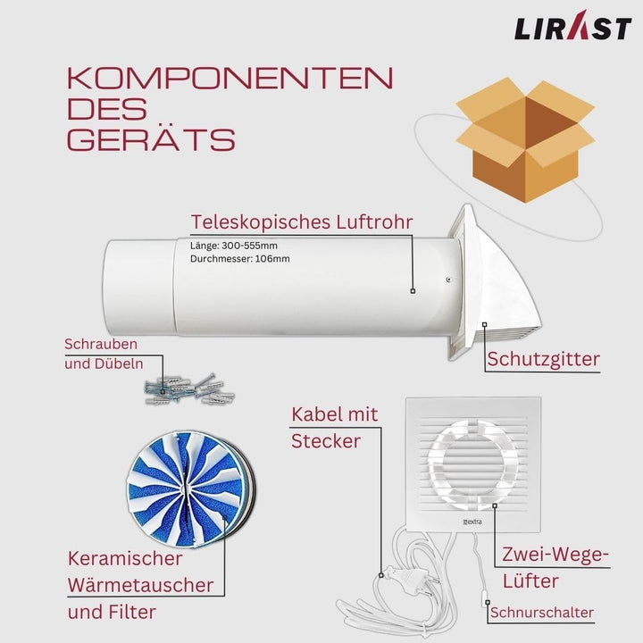 Ø 100mm Dezentrale Wohnraumlüftung mit Wärmerückgewinnung / Mit Kabel und Zugschnur Mit Kabel und Zu