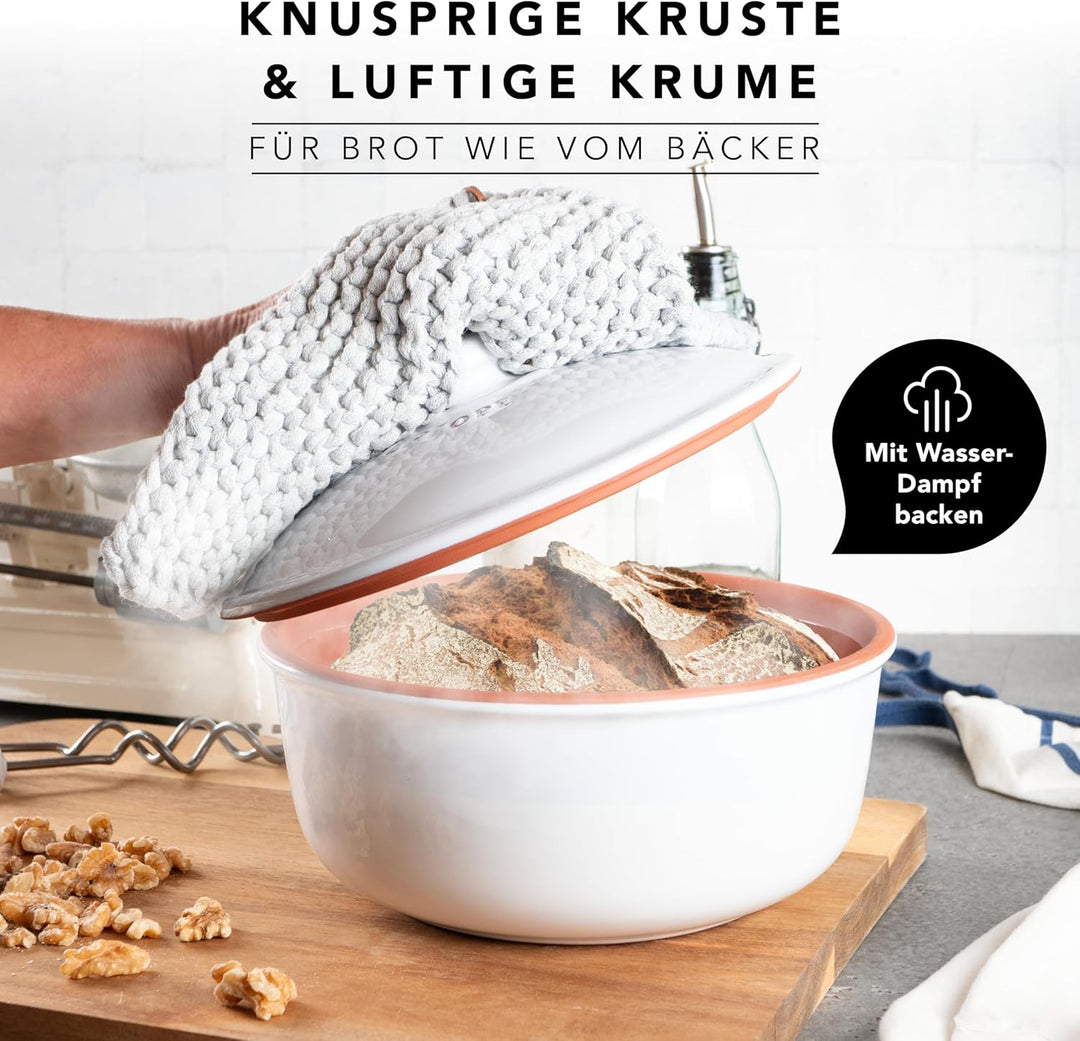 Römertopf Brotbacktopf aus Naturton bis zu ca. 1.000g Backgut, für natürliches Brotbacken, Weiss Wei
