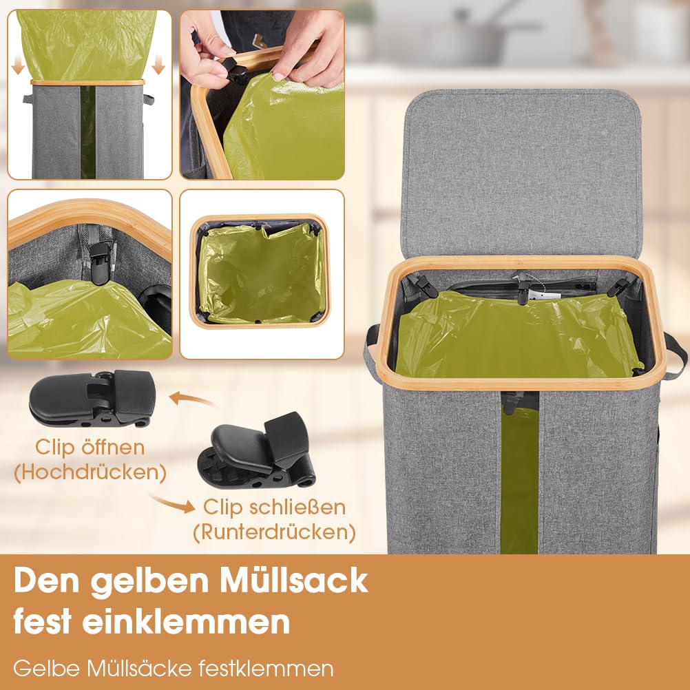 OUSFOT Gelber Sack Ständer 100L, Gelber Sack Mülleimer Integrierte 4 Clips Doppelgriffe Reissverschl