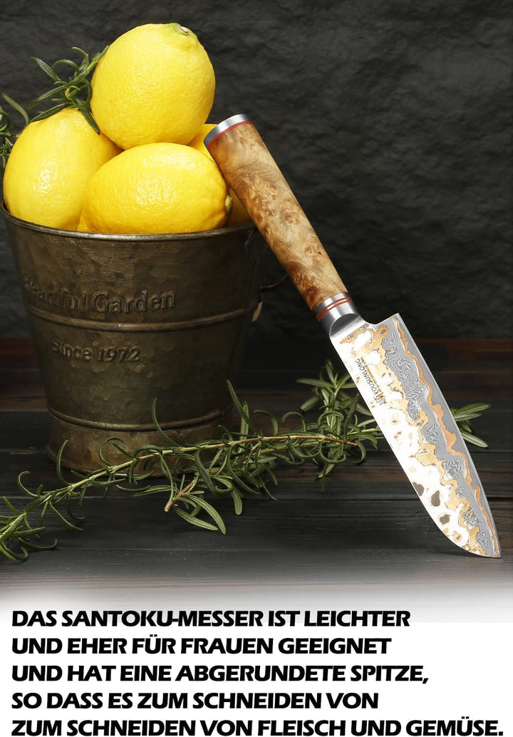 YOUSUNLONG Santoku-Messer 120mm - Handgefertigtes Japanisches Kochmesser mit KupferDamaszener Stahlk