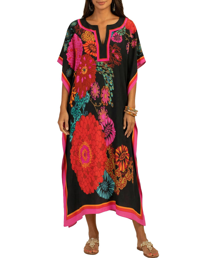 Bsubseach Damen Casual Beach Kaftan Kleid Kurzarm Loungewear Caftan Strandkleid C-Black Flower, C-Bl