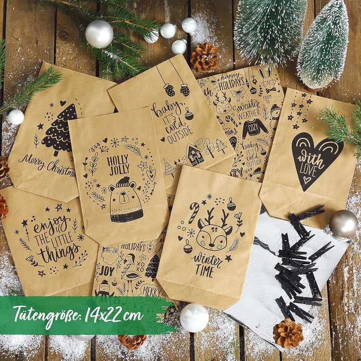 Papierdrachen Adventskalender 2025 zum Befüllen - 24 braune Geschenktüten mit Zahlenaufklebern - Kin