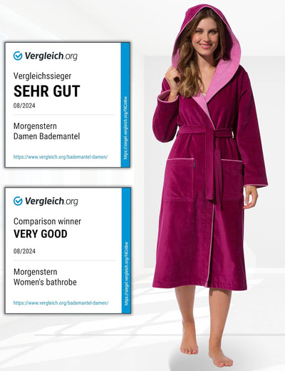 Morgenstern Bademantel Damen 100% Baumwolle mit Kapuze Frottee-Velours OEKO-TEX Leonie XS Fuchsia, X