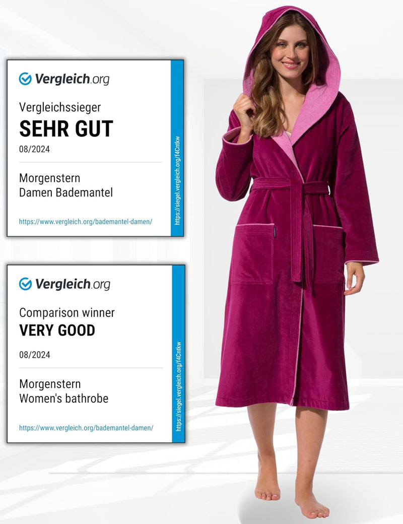 Morgenstern Bademantel Damen 100% Baumwolle mit Kapuze Frottee-Velours OEKO-TEX Leonie XS Fuchsia, X