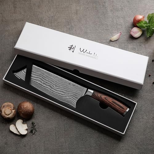 Wakoli EDIB Chinesisches Kochmesser aus echtem Damaststahl (VG10 Kern) mit 19 cm Klinge – Scharf & a