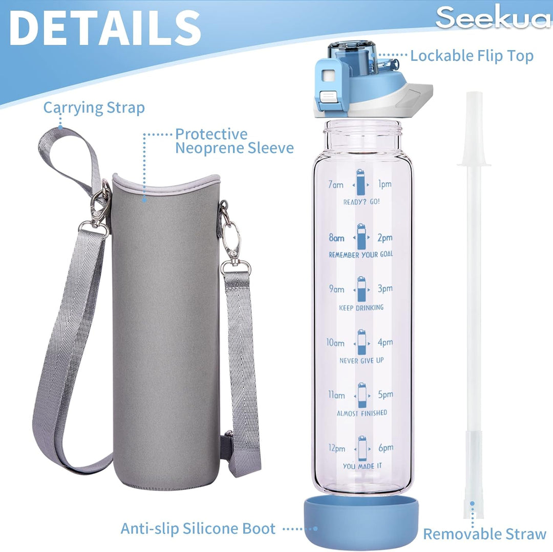Seekua 1l Sport Trinkflasche Glas Flasche mit Strohhalm & Zeitmarkierung auslaufsicher bpa frei 1 li