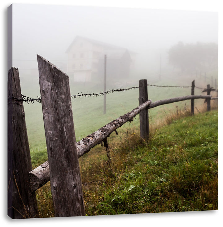 Pixxprint Rustikaler Holzzaun auf Wiese als Leinwandbild/Grösse: 70x70 / Wandbild/Kunstdruck/fertig