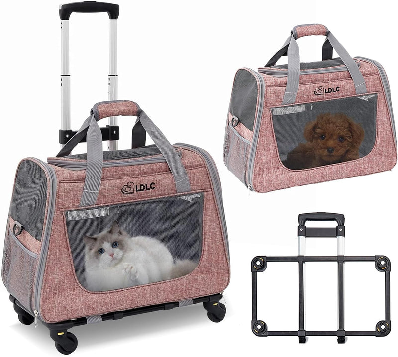 PETCUTE Katzen Transportboxen Bis zu 9 kg,Atmungsaktiv Haustier Transportbox mit Teleskopgriff und R