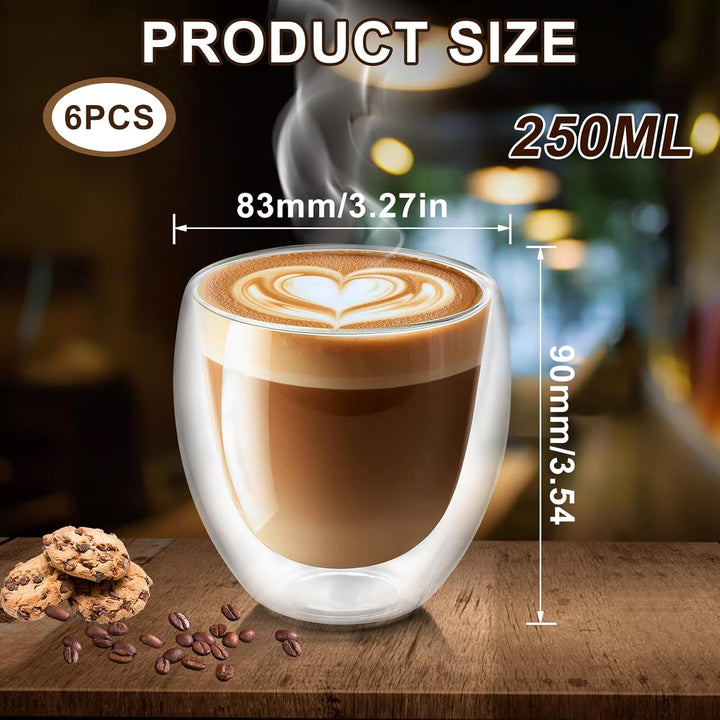 Cappuccino Tassen 6er Set, Cappuccino Gläser, 250ml Doppelwandiges Kaffeegläser, Schwebeeffekt, Ther