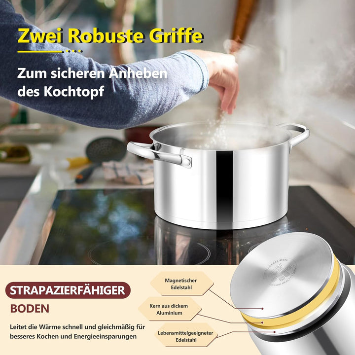 Joyfair Kochtopf, 24cm Edelstahl Suppentopf mit Glasdeckel, 3-Lagen Edeastahl Topf Induktion für all
