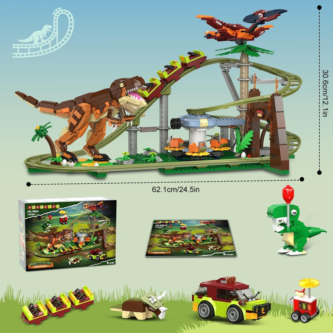 HOGOKIDS Dinosaurier Achterbahn Bausteine Spielzeug – 1222pcs Achterbahn Bauspielzeug mit 4 Dinosaur
