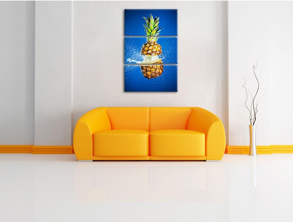 Pixxprint Ananas mit Wasser bespritzt als Leinwandbild | Grösse: 3 Teilig (120x80) | Wandbild| Kunst