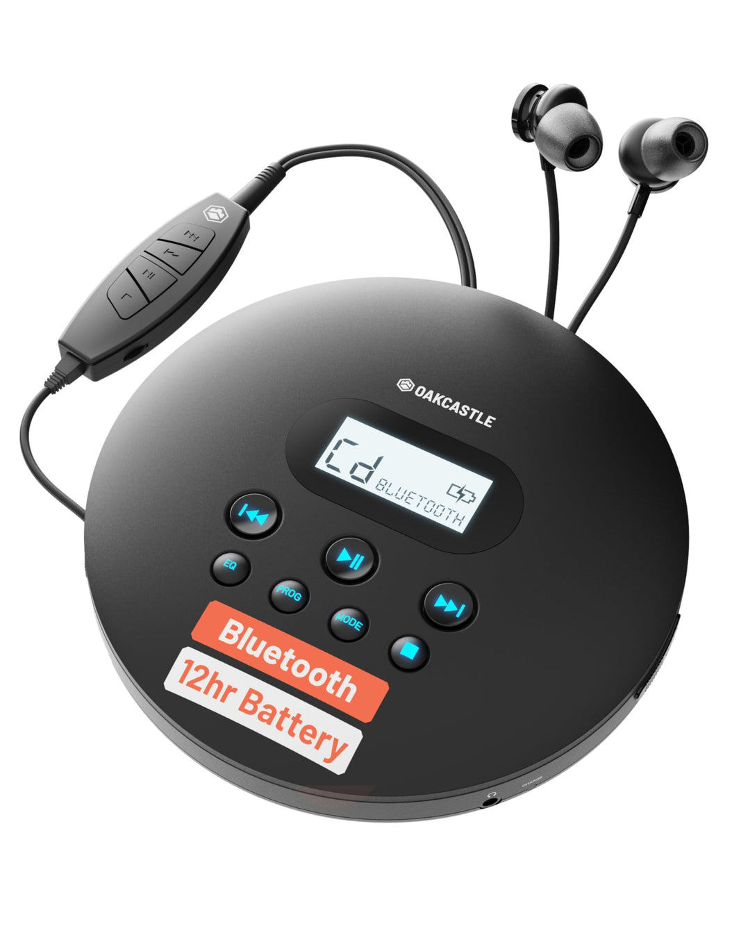 Oakcastle CD100 Tragbarer Retro-CD-Player mit Bluetooth, inklusive Kopfhörer mit Kabel, Kleiner CD P