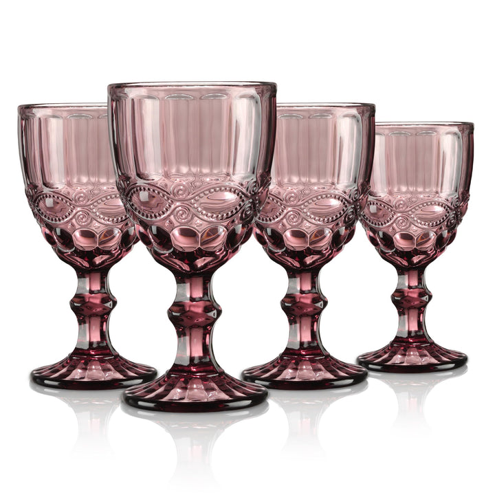 Joeyan Lila Vintage Weingläser mit Geprägtem Design,Farbiger Relief Rotweingläser Weissweingläser,Tr