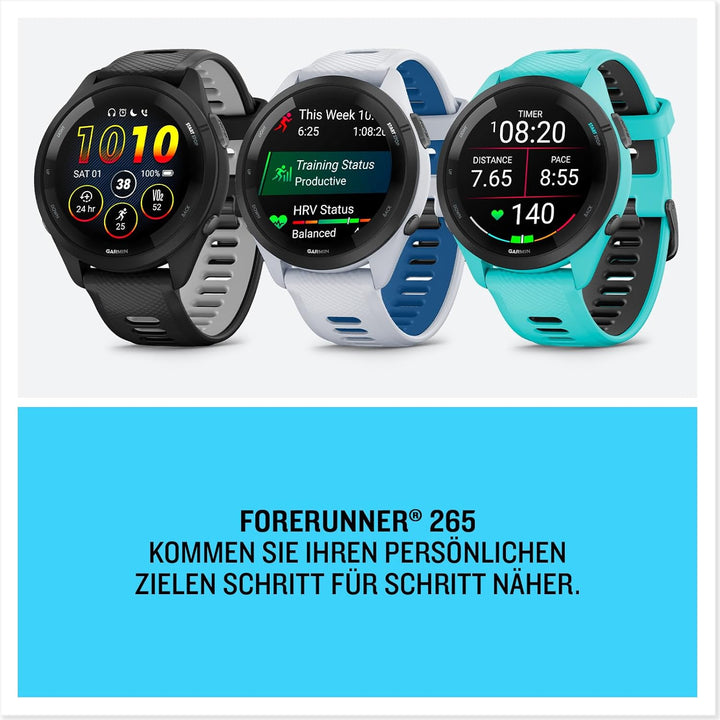 Garmin Forerunner 265 Running Smartwatch für Unisex, 46 mm Grösse, Aqua/Schwarz