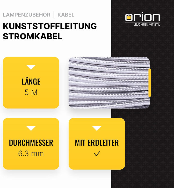 Textilkabel für Lampen, 5 m Silber, 3-adrig, (3x 0,75 mm²) - Kunststoff Stromkabel mit Erdleiter, Te