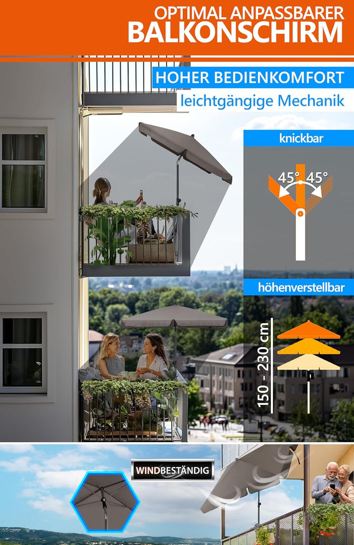 4smile Sonnenschirm Balkon SunnyShade, 200 x 125 cm, UPF 50+ Sonnenschirm rechteckig als Sonnenschut