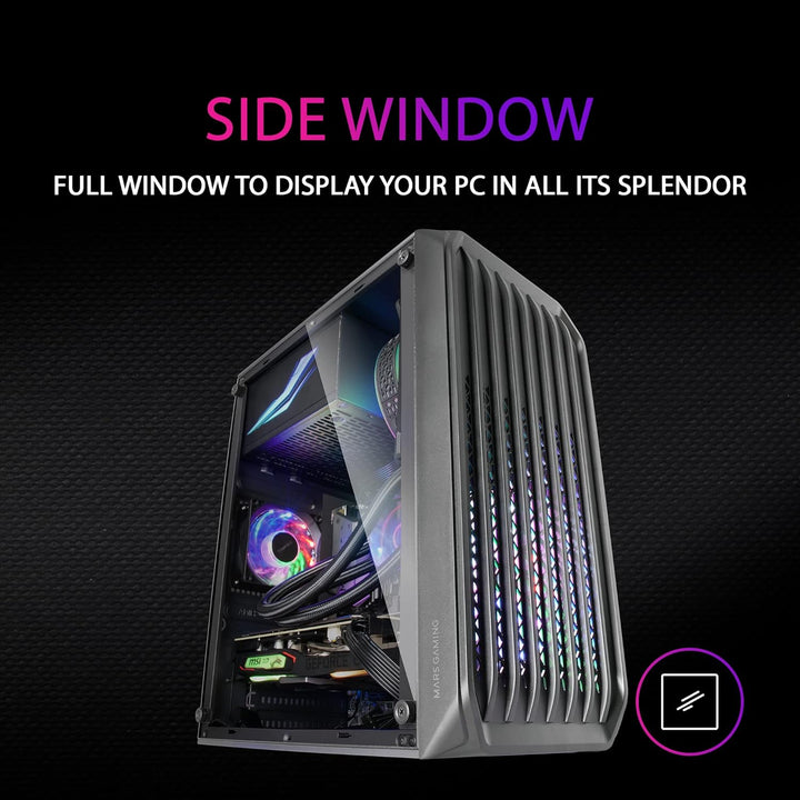 MarsGaming MC-S2 Schwarz, Kompaktes Micro-ATX Gaming PC-Gehäuse, 2 FRGB Rainbow-Lüfter mit Frontgitt