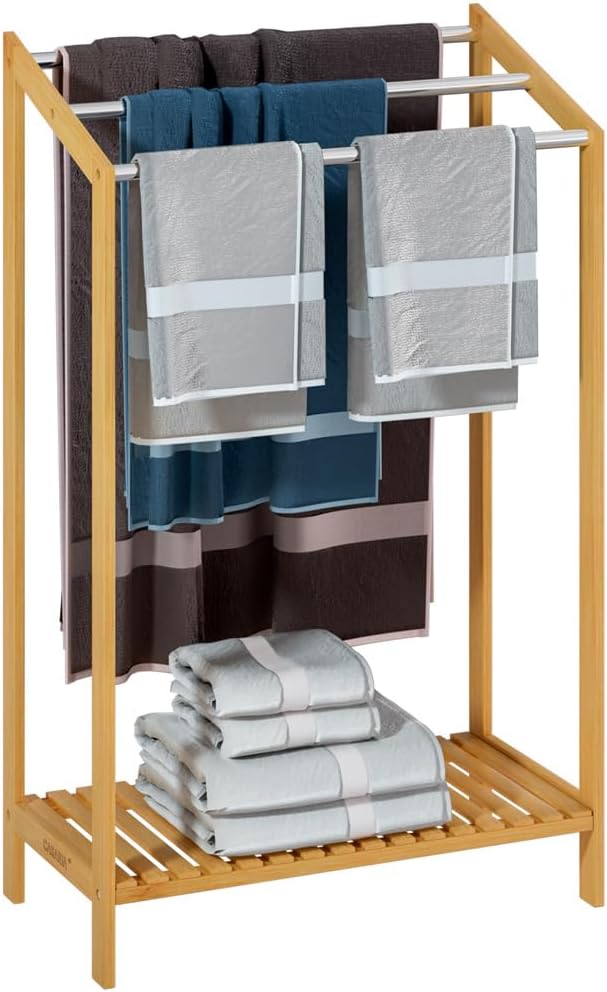 CASARIA® Handtuchhalter Stehend Bambus Holz 3 Edelstahl Stangen 85 x 51 x 31 cm mit Ablage Handtuchs