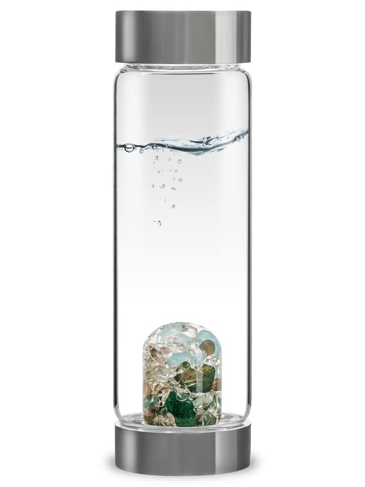 VitaJuwel ViA FOREVER YOUNG - Wasserflasche aus Glas (0,5l) mit Aquamarin, Aventurin, Rauchquarz &amp; B
