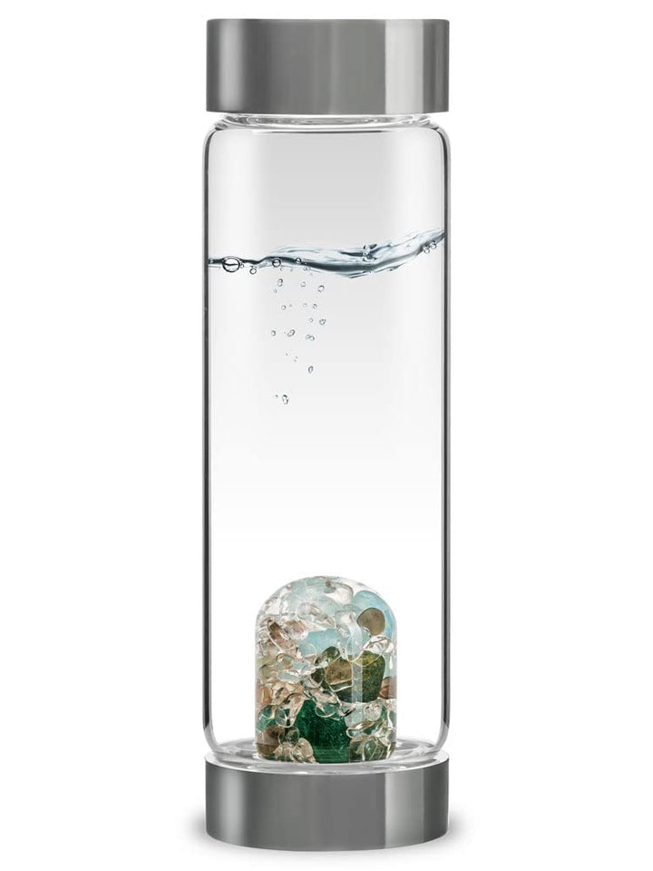 VitaJuwel ViA FOREVER YOUNG - Wasserflasche aus Glas (0,5l) mit Aquamarin, Aventurin, Rauchquarz &amp; B