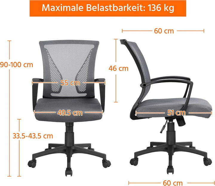 Yaheetech Bürostuhl Ergonomisch, Schreibtischstuhl mit Netzbespannung, Arbeitsstuhl mit Armlehnen, C