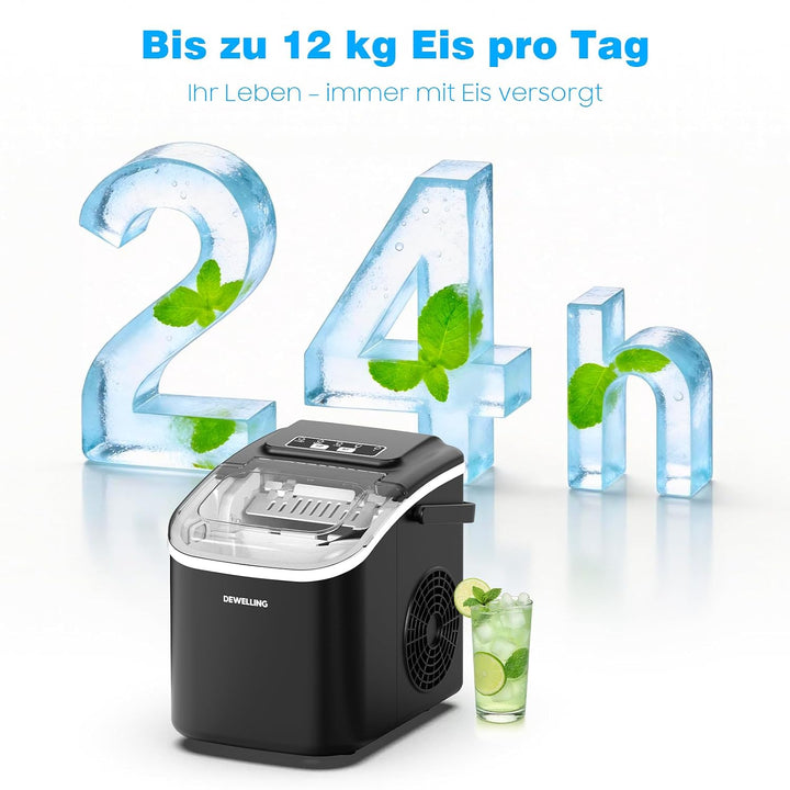 Eiswürfelmaschine – 8 Eiswürfel in 6 Minuten (12 kg/24 h), Selbstreinigend &amp; Leise, 2 Eiswürfelgröss
