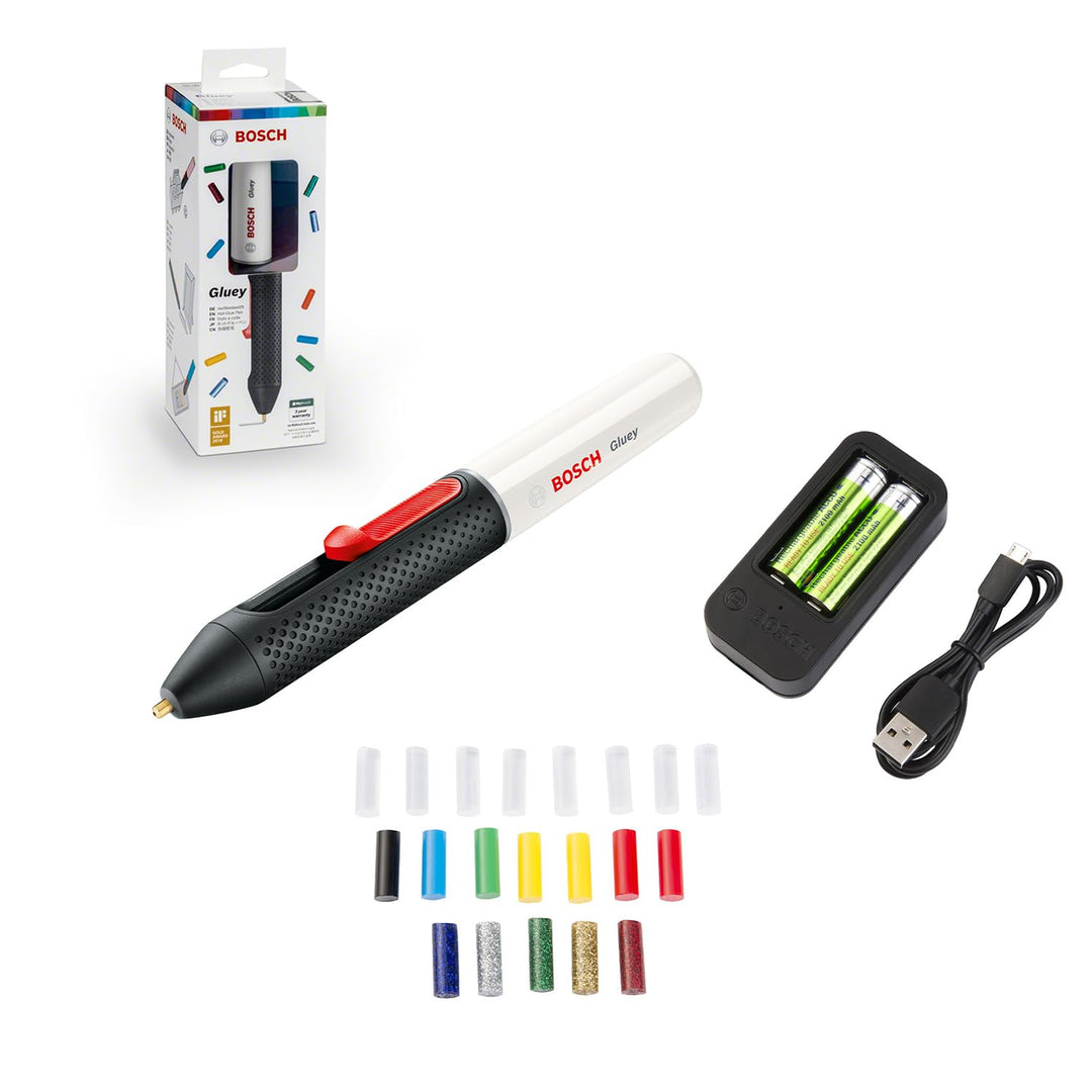 Bosch Akku Heissklebestift Gluey Marshmallow (mit 20 Klebesticks, im Karton) weiss, (L x B) 195 mm x