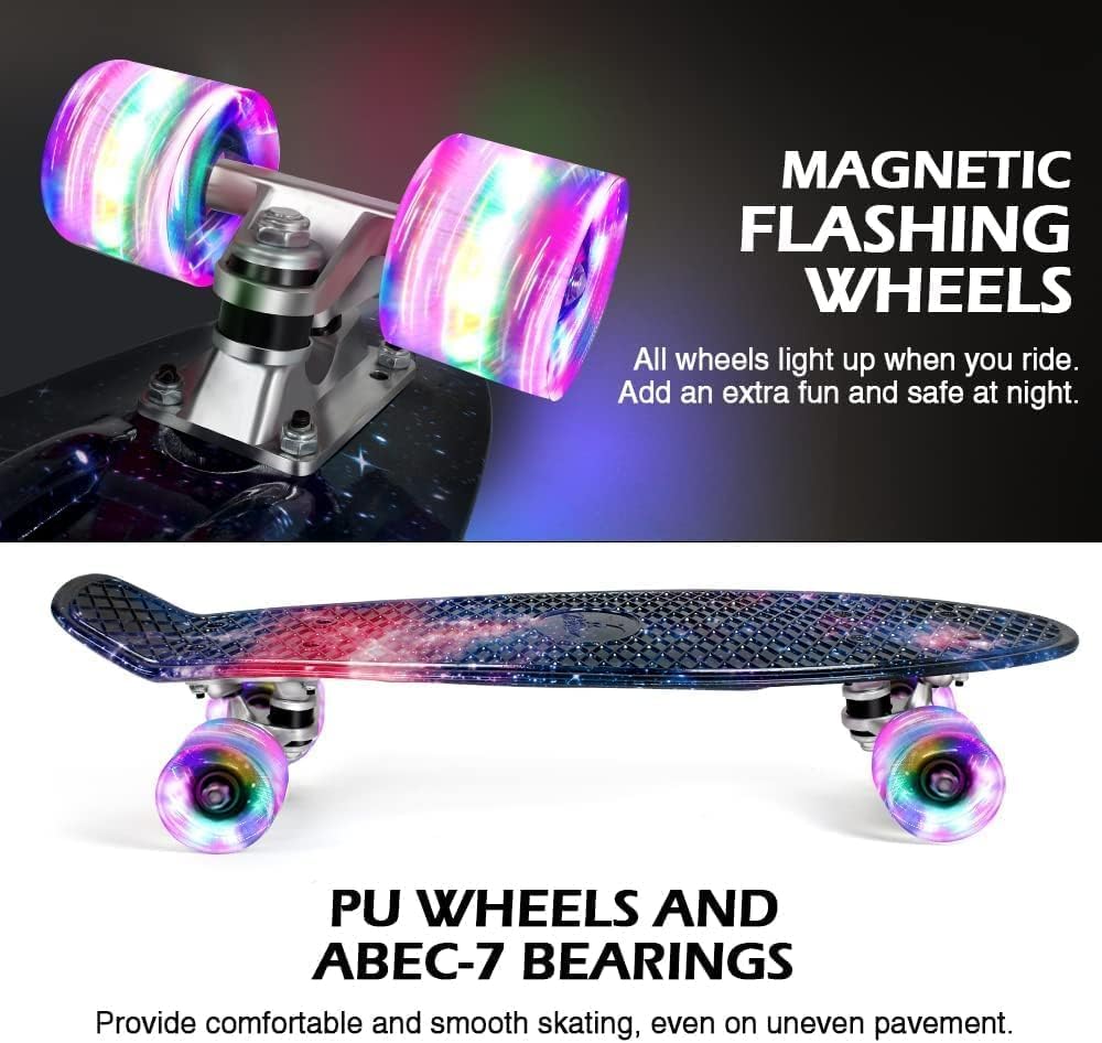 BELEEV Skateboard Komplette 22 Zoll Mini Cruiser Skateboard für Kinder Jugendliche Erwachsene, LED L