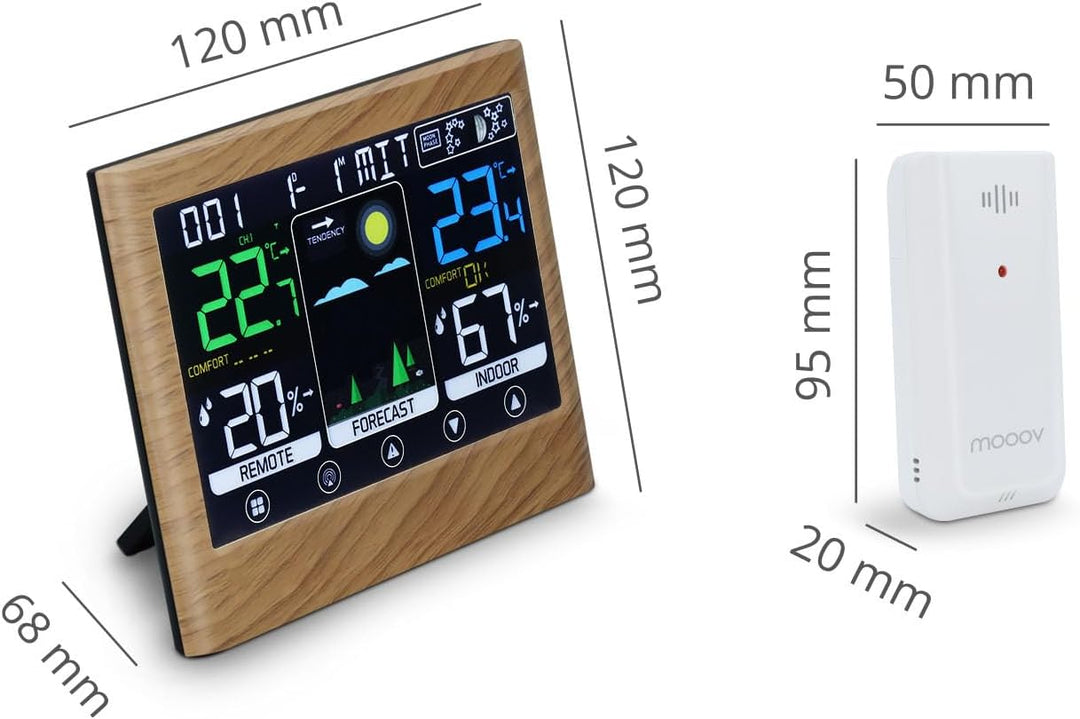 mooov 477534 Wetterstation für den Innenbereich mit Aussensensor – Temperatur, Luftfeuchtigkeit, Mon
