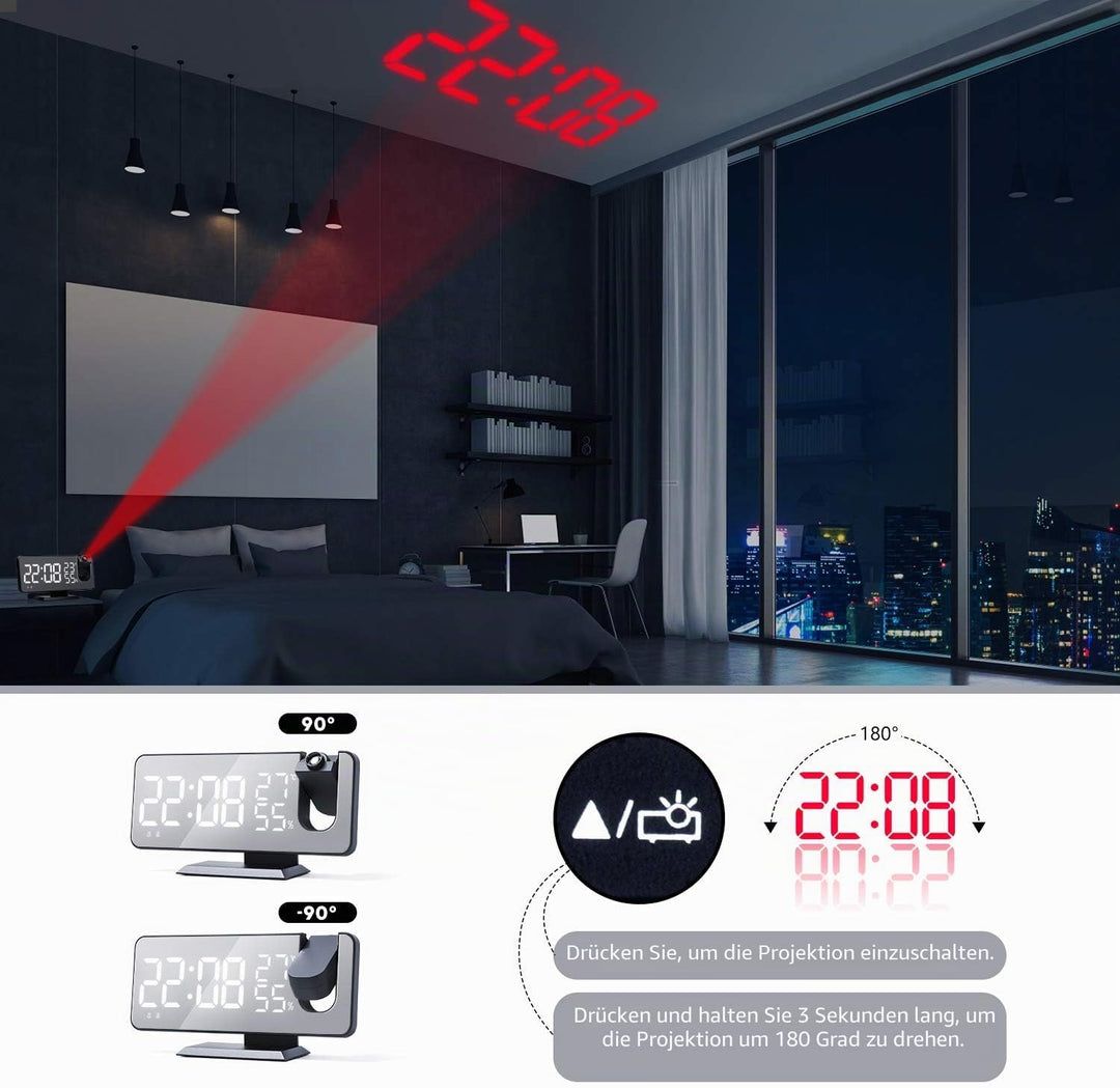 Projektionswecker Digitaler LED-Wecker mit Ladegerät, Radiowecker mit USB-Ladeanschluss, Doppelwecke