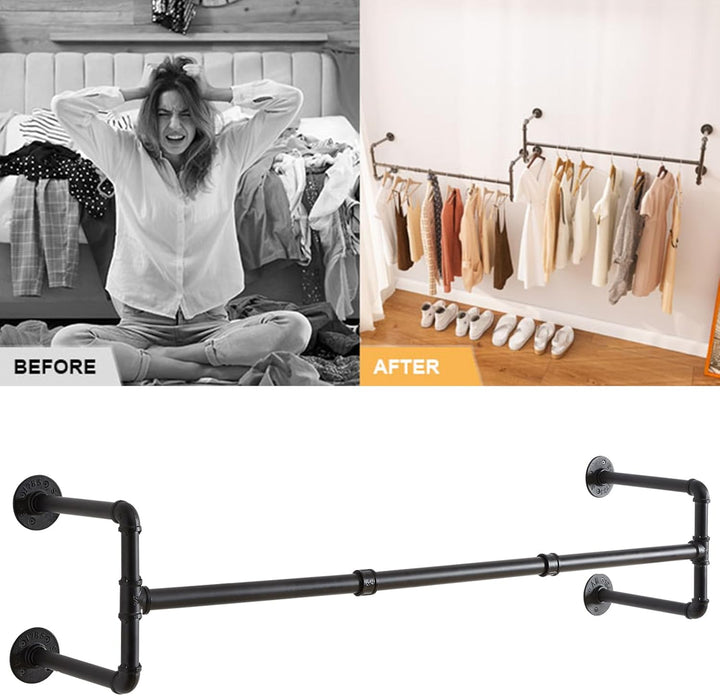IBUYKE 127cm Kleiderstange Wandmontage 2er Set, Metall Industrial Garderobenstange Wandmontage mit 6