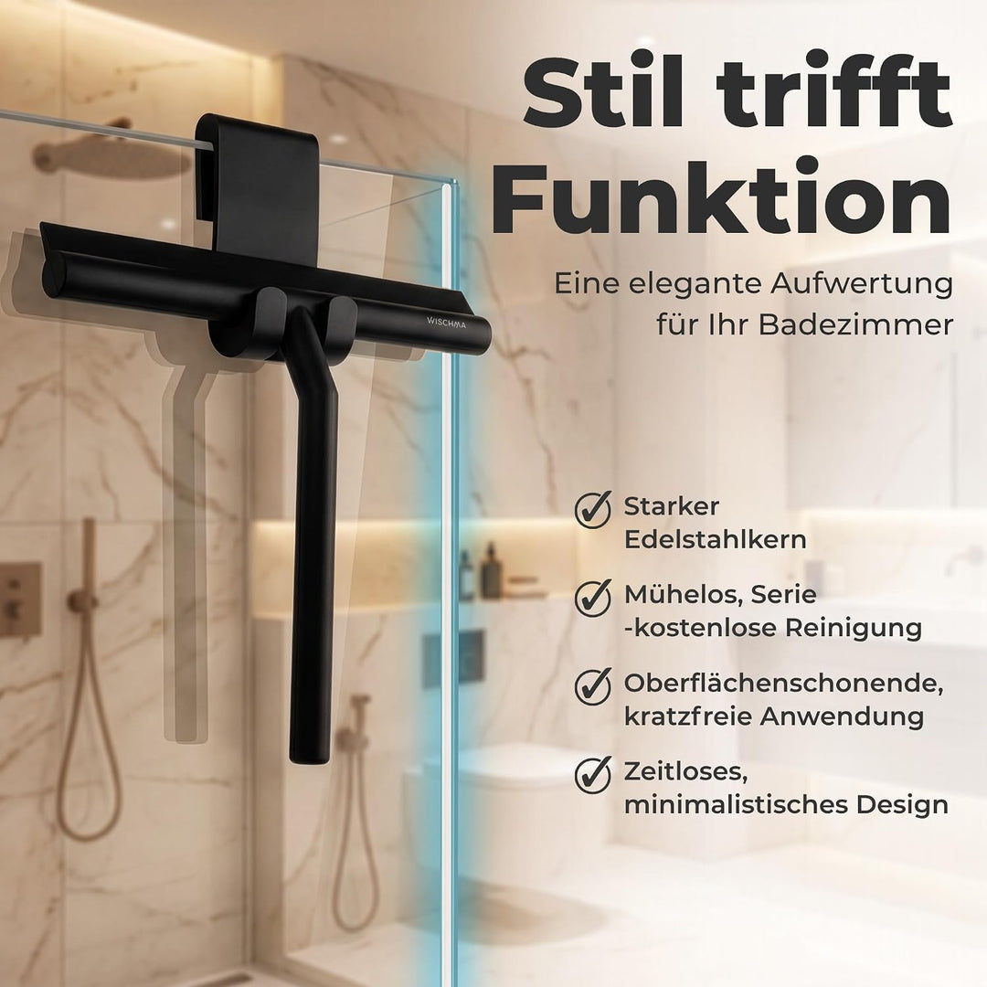 WISCHMA [Das Original] Duschabzieher schwarz Silikon − Abzieher Dusche mit Halterung ohne Bohren − G