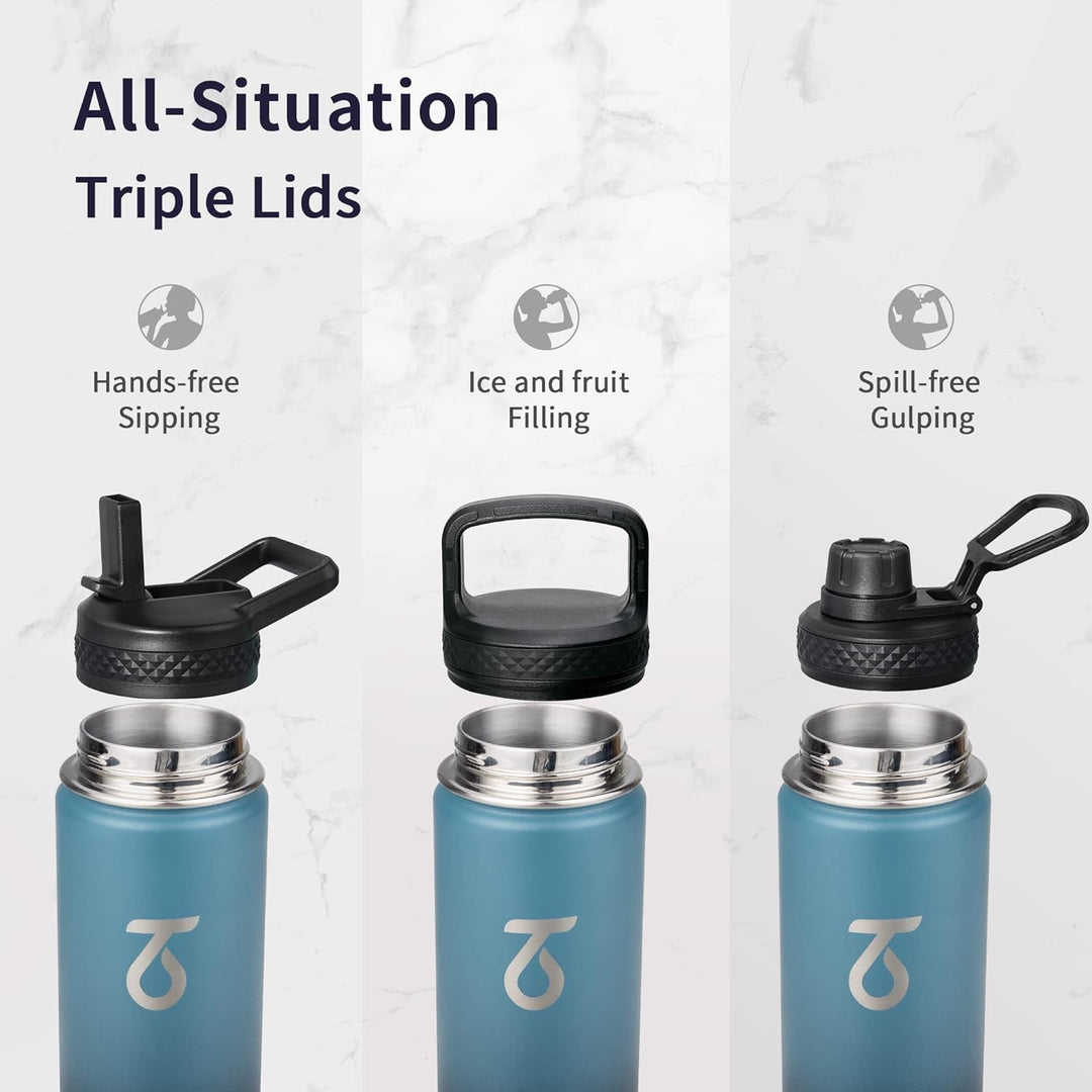 Trebo Trinkflasche Edelstahl, Thermosflasche mit Strohhalm mit Paracord-Griff & 3 Deckeln, Edelstahl