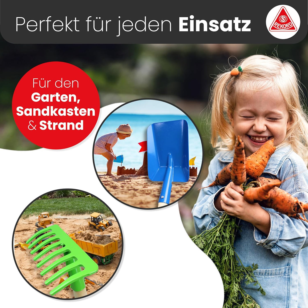 Rekord Kinder Gartengeräte Set 4 TLG. Schaufel (Blau), Rechen (Grün), Besen (Grün), Laubbesen (Gelb)